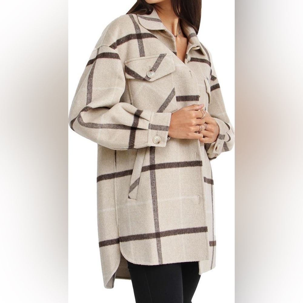 BELLE AND BLOOM RIVERS EDGE Stylish Beige Plaid Button-Up SHACKET WOMEN SIZE XS